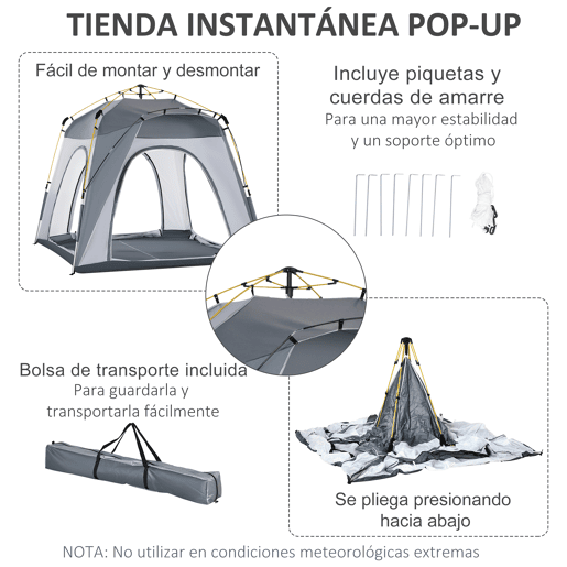 Outsunny Tenda de Campismo Instantânea para 3 Pessoas com 4 Janelas, 2 Bolsos e Bolsa de Transporte, 240x240x199 cm, Cinzento e Branco