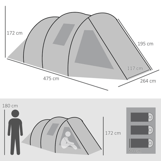 Outsunny Tenda de Campismo para 3-4 Pessoas Impermeável PU2000 mm com Proteção UV30+ Janelas e Bolsa de Transporte 475x264x172 cm Verde