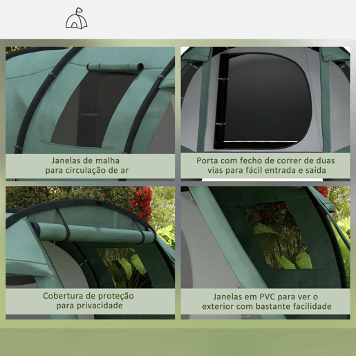 Outsunny Tenda de Campismo para 3-4 Pessoas Impermeável PU2000 mm com Proteção UV30+ Janelas e Bolsa de Transporte 475x264x172 cm Verde