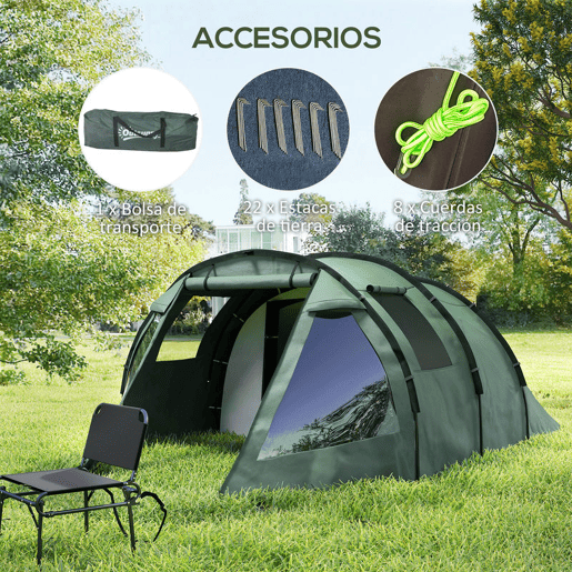 Outsunny Tenda de Campismo para 3-4 Pessoas Impermeável PU2000 mm com Proteção UV30+ Janelas e Bolsa de Transporte 475x264x172 cm Verde