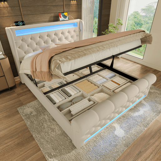 Cama de casal de veludo 160x200cm com armazenamento e luz led,bege