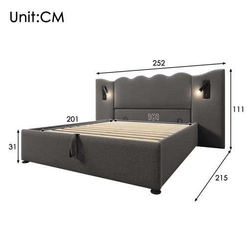 Cama de casal de linho 180x200cm com armazenamento,cinzento