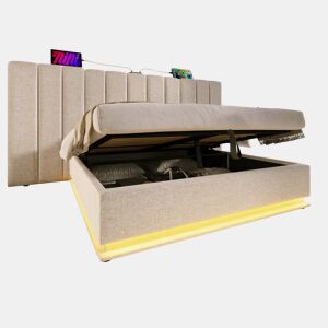 Cama de casal de linho 160x200cm com armazenamento e luz led,bege