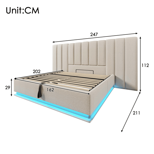 Cama de casal de linho 160x200cm com armazenamento e luz led,bege