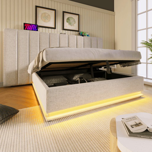 Cama de casal de linho 160x200cm com armazenamento e luz led,bege