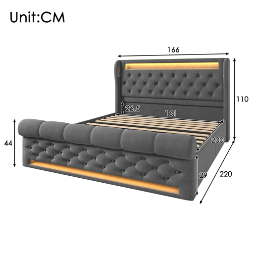 Cama de casal de veludo 160x200cm com armazenamento e luz led,cinzento