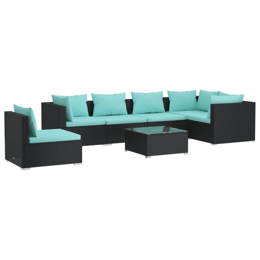Set de muebles de jardín 7 pzas y cojines ratán sintético negro