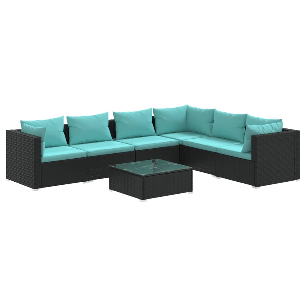 Set de muebles de jardín 7 pzas y cojines ratán sintético negro