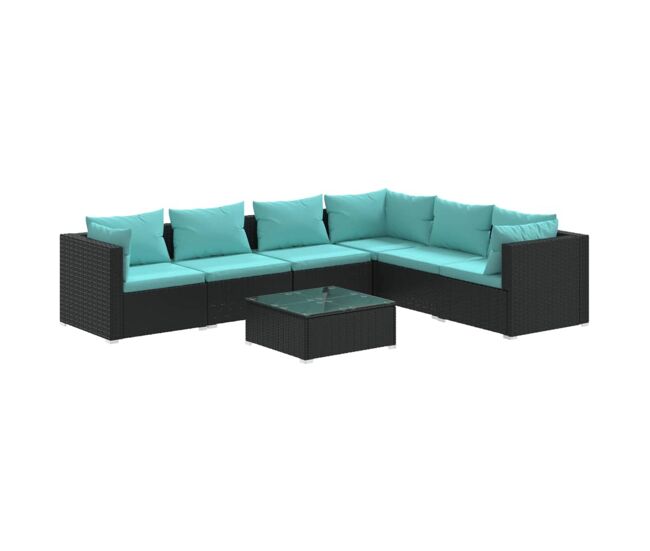 Set de muebles de jardín 7 pzas y cojines ratán sintético negro