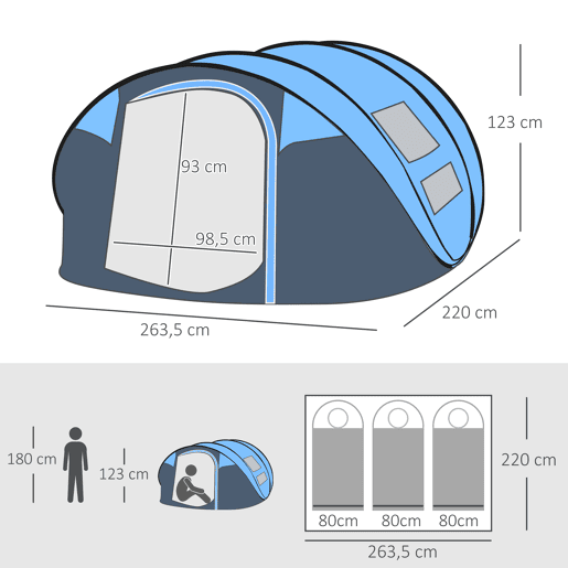 Outsunny Tenda de Campismo Pop-up para 2-3 Pessoas Tenda de Campismo Instantânea com Janelas Bolsos e Bolsa de Transporte Impermeável Anti-UV 263,5x220x123 cm Azul