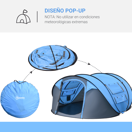 Outsunny Tenda de Campismo Pop-up para 2-3 Pessoas Tenda de Campismo Instantânea com Janelas Bolsos e Bolsa de Transporte Impermeável Anti-UV 263,5x220x123 cm Azul