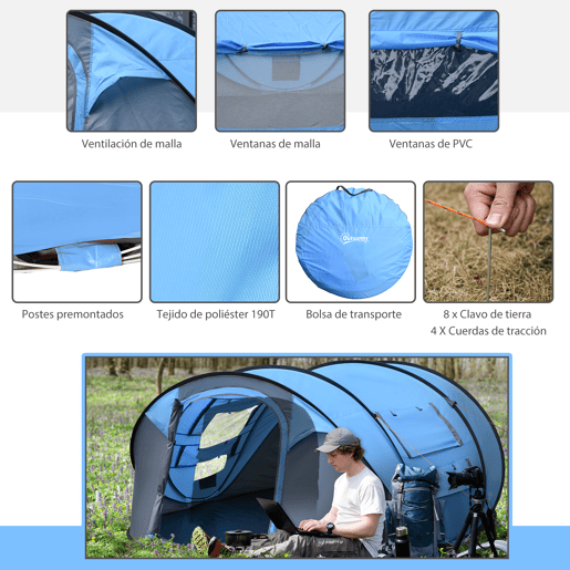 Outsunny Tenda de Campismo Pop-up para 2-3 Pessoas Tenda de Campismo Instantânea com Janelas Bolsos e Bolsa de Transporte Impermeável Anti-UV 263,5x220x123 cm Azul