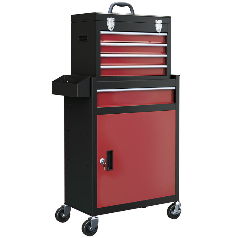 Homcom carro de herramientas con 5 cajones y cerraduras carro de taller con ruedas caja de herramientas de acero con puerta extraíble para taller garaje negro y rojo