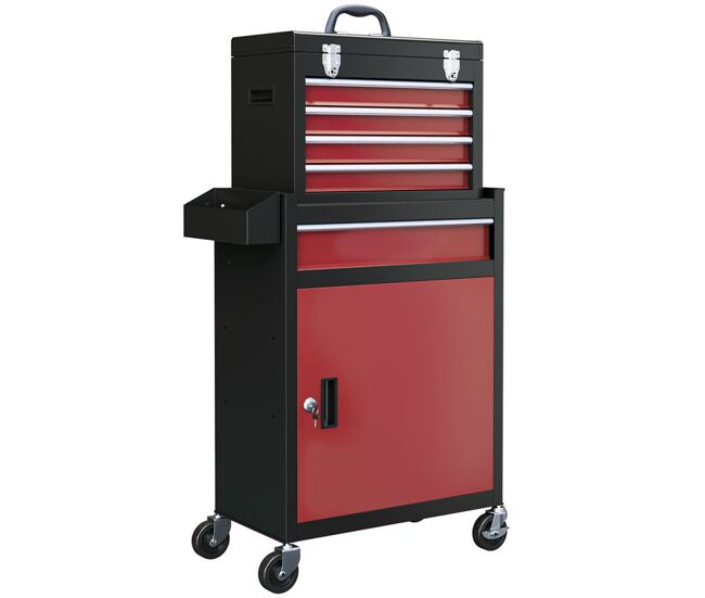Homcom carro de herramientas con 5 cajones y cerraduras carro de taller con ruedas caja de herramientas de acero con puerta extraíble para taller garaje negro y rojo