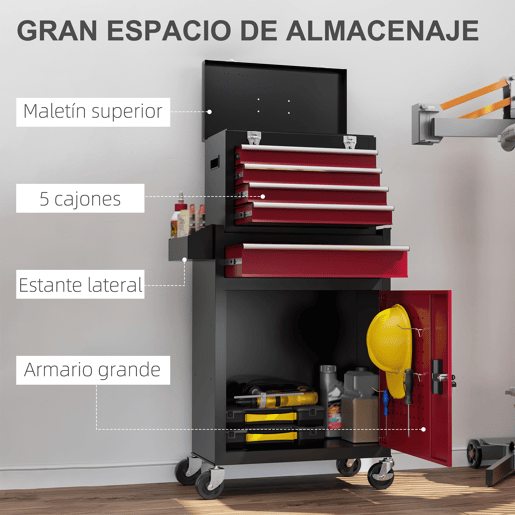 HOMCOM Carrinho de Ferramentas Caixa de Ferramentas de Aço Carrinho para Oficina com Rodas Porta 5 Gavetas e Fechadura de Aço para Garagem Oficina Preto e Vermelho