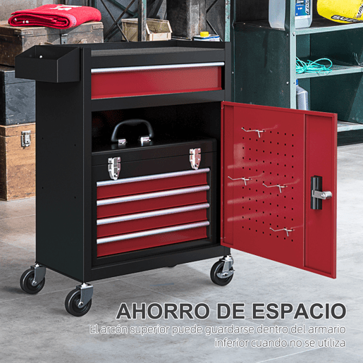 HOMCOM Carrinho de Ferramentas Caixa de Ferramentas de Aço Carrinho para Oficina com Rodas Porta 5 Gavetas e Fechadura de Aço para Garagem Oficina Preto e Vermelho