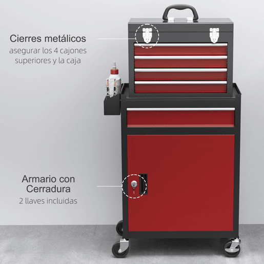 HOMCOM Carrinho de Ferramentas Caixa de Ferramentas de Aço Carrinho para Oficina com Rodas Porta 5 Gavetas e Fechadura de Aço para Garagem Oficina Preto e Vermelho