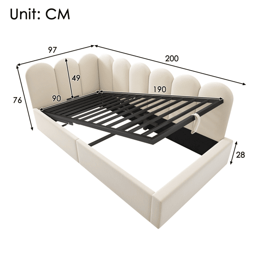 Cama de solteiro de veludo 90x190cm com armazenamento,bege
