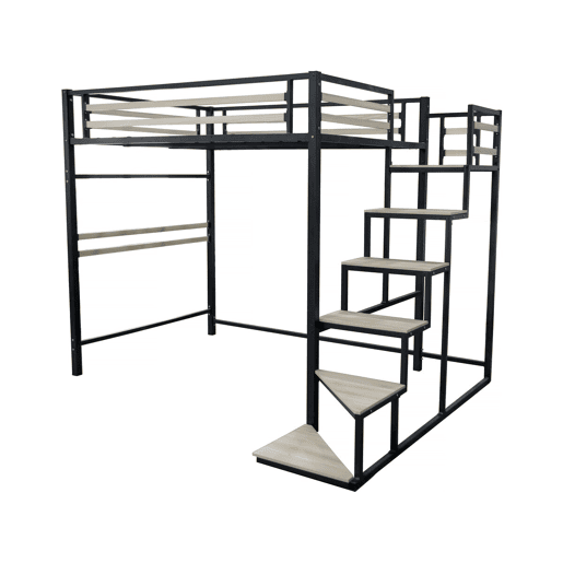 Cama alta de metal com escadas LENA - 140 x 200 cm - preta -
