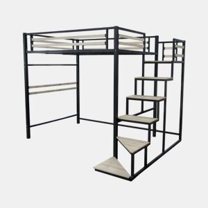 Cama alta de metal com escadas LENA - 140 x 200 cm - preta -