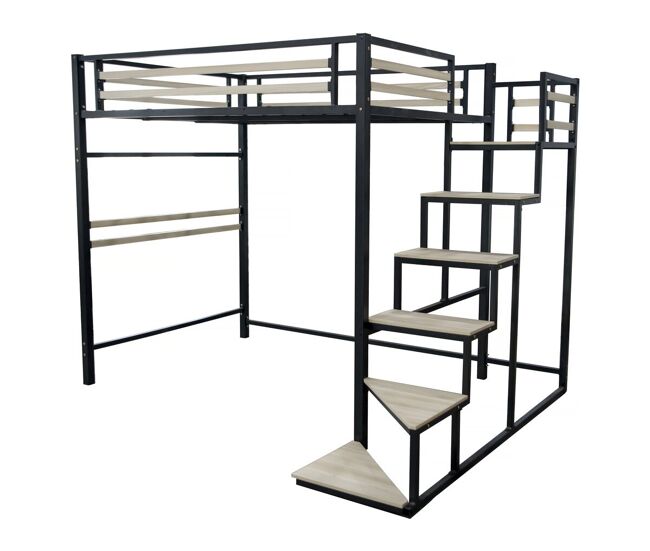 Cama alta de metal con escaleras "LENA" - 140 x 200 cm - Negro