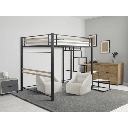 Cama alta de metal com escadas LENA - 140 x 200 cm - preta -