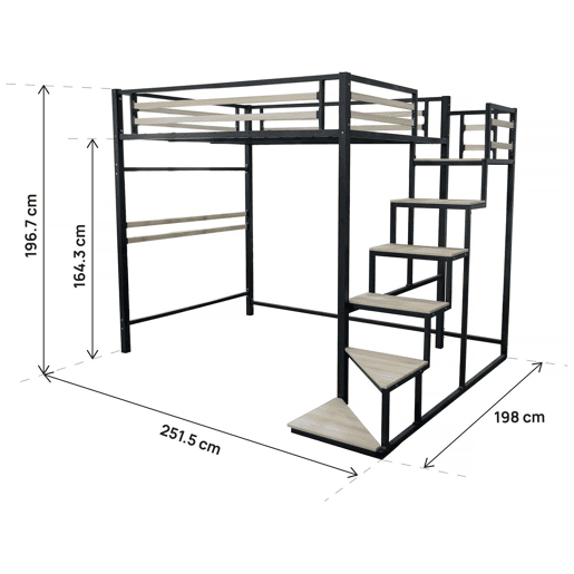 Cama alta de metal com escadas LENA - 140 x 200 cm - preta -