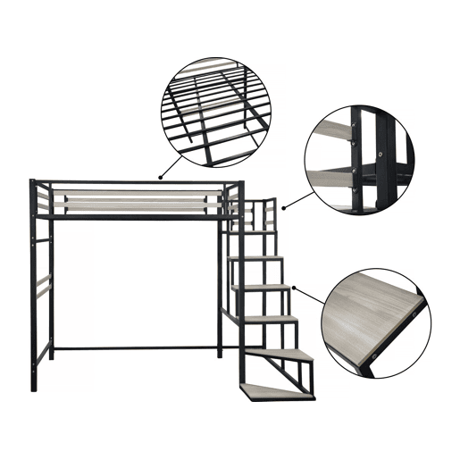 Cama alta de metal com escadas LENA - 140 x 200 cm - preta -