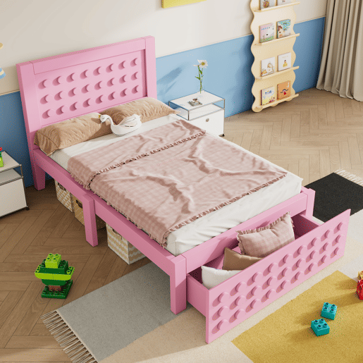 Cama de criança,cama de solteiro de madeira maciça 90x200cm com 1 gaveta,rosa