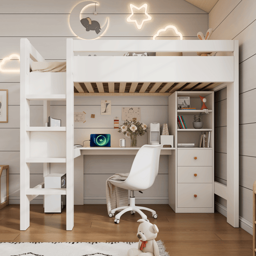 Cama alta para crianças,cama de solteiro de madeira maciça 90x200cm com 3 gavetas,branco