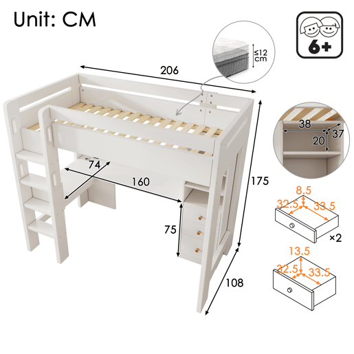 Cama alta para crianças,cama de solteiro de madeira maciça 90x200cm com 3 gavetas,branco
