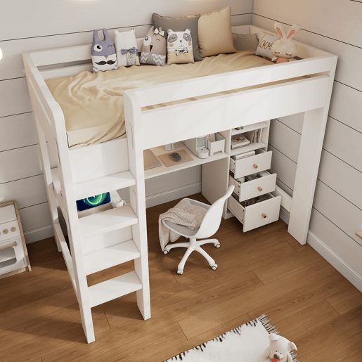 Cama alta para crianças,cama de solteiro de madeira maciça 90x200cm com 3 gavetas,branco