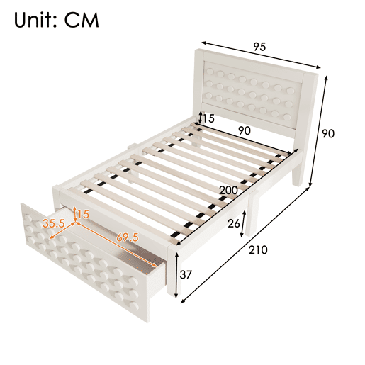 Cama de criança,cama de solteiro de madeira maciça 90x200cm com 1 gaveta,branco