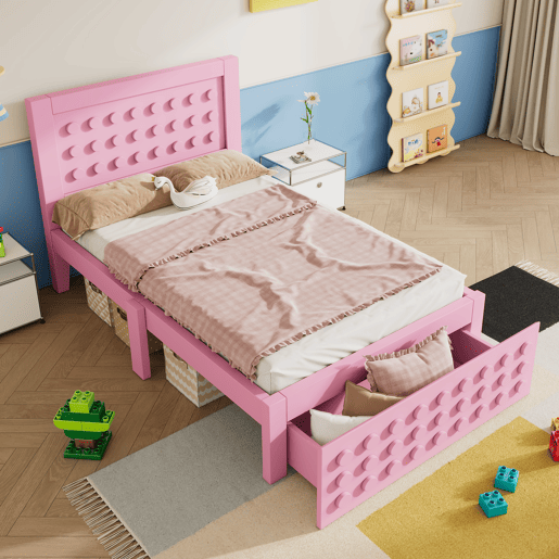 Cama de criança,cama de solteiro de madeira maciça 90x190cm com 1 gaveta,rosa