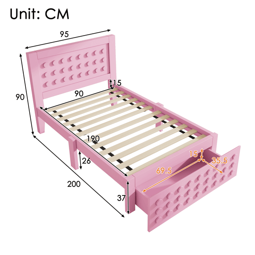 Cama de criança,cama de solteiro de madeira maciça 90x190cm com 1 gaveta,rosa
