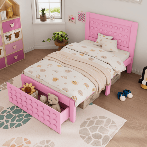 Cama de criança,cama de solteiro de madeira maciça 90x190cm com 1 gaveta,rosa