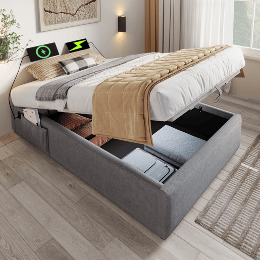 Cama de solteiro de algodão e linho 90x200cm com armazenamento,cinzento