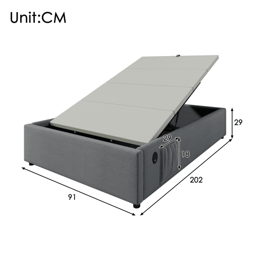 Cama de solteiro de algodão e linho 90x200cm com armazenamento,cinzento