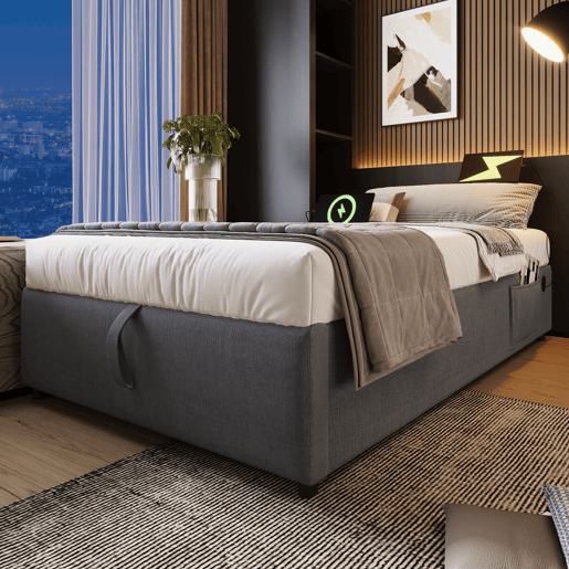 Cama de solteiro de algodão e linho 90x200cm com armazenamento,cinzento