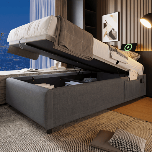 Cama de solteiro de algodão e linho 90x200cm com armazenamento,cinzento