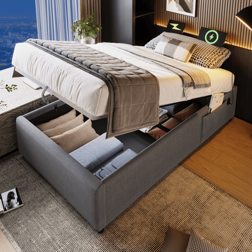 Cama de solteiro de algodão e linho 90x200cm com armazenamento,cinzento