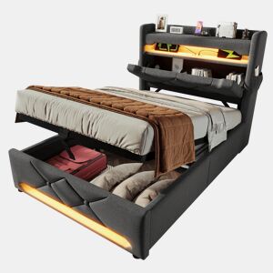 Cama de solteiro de linho 90x200cm com armazenamento e luz led,cinzento