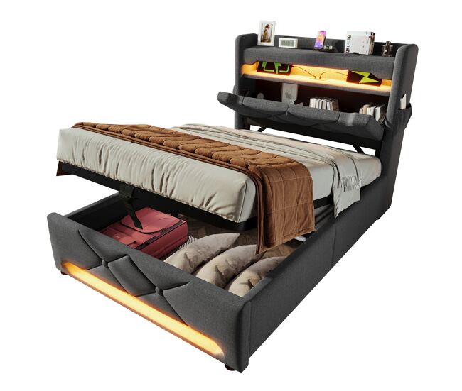 Cama individual de lino 90x200cm con almacenaje y luz led,gris