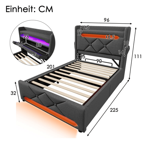 Cama de solteiro de linho 90x200cm com armazenamento e luz led,cinzento