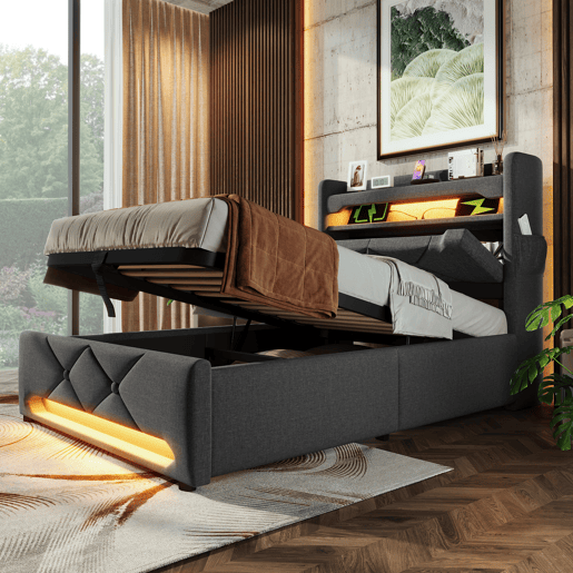 Cama de solteiro de linho 90x200cm com armazenamento e luz led,cinzento