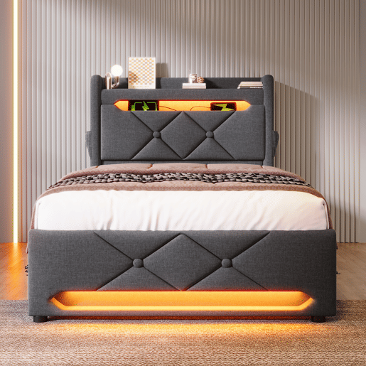 Cama de solteiro de linho 90x200cm com armazenamento e luz led,cinzento