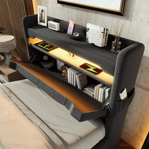 Cama de solteiro de linho 90x200cm com armazenamento e luz led,cinzento