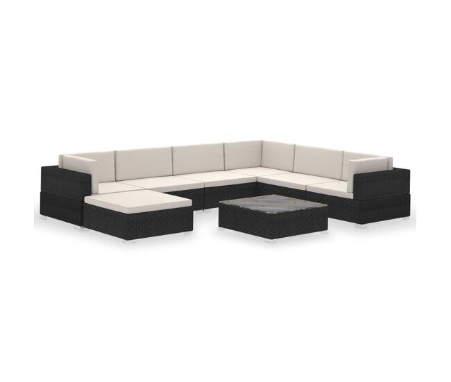 Set muebles de jardín 8 piezas y cojines ratán sintético negro