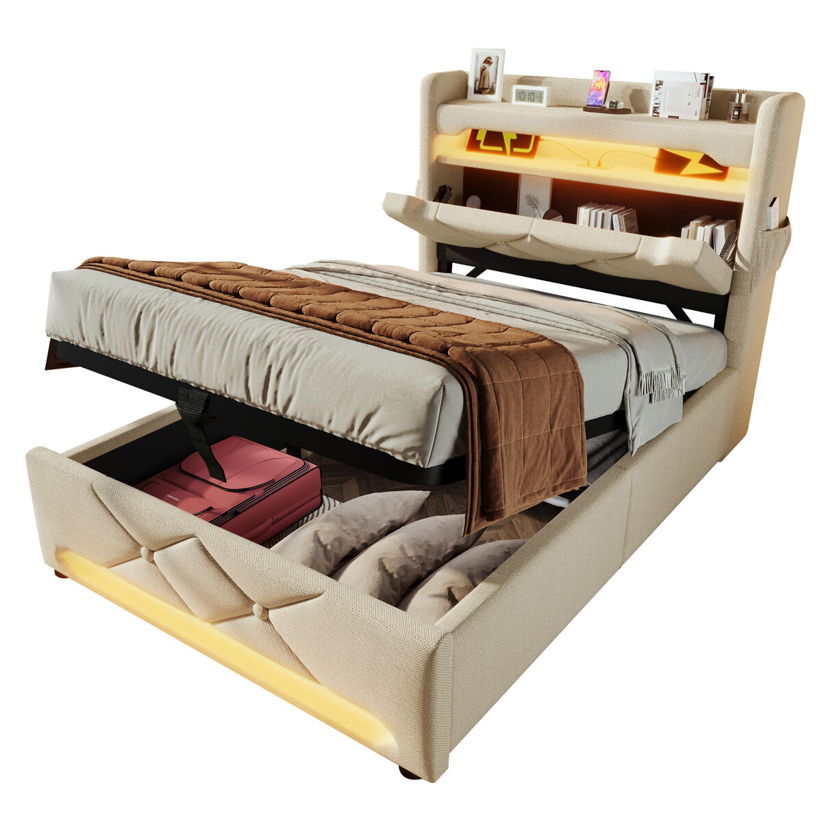 Cama individual de lino con almacenaje 96x225