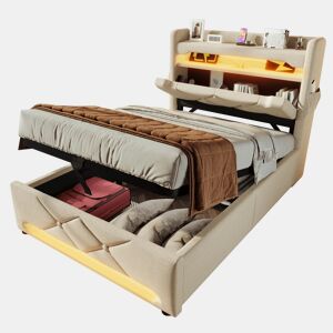 Cama de solteiro de linho 90x200cm com armazenamento e luz led,bege